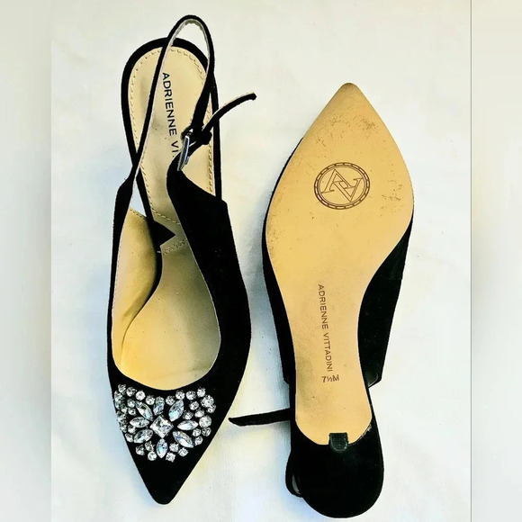 Adrienne Vittadini  Fine Leather Rinestone Black Suede Back Buckle Heel Shoe sz7 - Picture 9 of 11